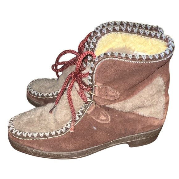 Vintage Brown Suede Shearling-Lined Lace-Up Winter Boots Size 6  Boho - Picture 7 of 8